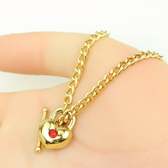 Gold Plated Heart Pendant Necklace With Red Stone Charm, XPNL0380 - Picture 5 of 12